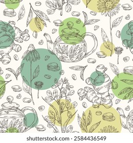 Seamless pattern with tea and hearbs, herbal tea: tea leaves, ginger root, echinacea and fenugreek. Vector hand drawn illustration.