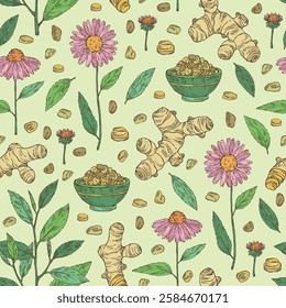 Seamless pattern with tea and hearbs, herbal tea: tea leaves, turmeric root, echinacea and sea fenugreek. Vector hand drawn illustration.