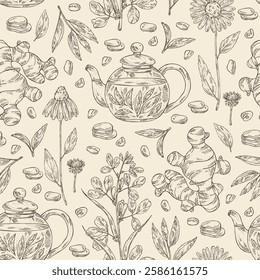 Seamless pattern with tea and hearbs, herbal tea: tea leaves, ginger root, echinacea and fenugreek. Vector hand drawn illustration.