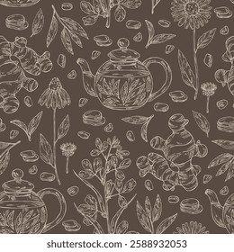 Seamless pattern with tea and hearbs, herbal tea: tea leaves, ginger root, echinacea and fenugreek. Vector hand drawn illustration.