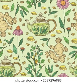 Seamless pattern with tea and hearbs, herbal tea: tea leaves, ginger root, echinacea and fenugreek. Vector hand drawn illustration.