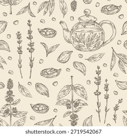 Nahtloses Muster mit Tee und Kräutern, Kräutertee: Teeblätter, Minzblätter, Lavendelblüten, Kardamom. Handgezeichnete Vektorgrafik.