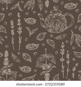 Patrón sin fisuras con té y corazones, té de hierbas: hojas de té, hojas de menta, flor de lavanda, cardamomo. Vector dibujado a mano ilustración.