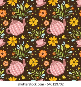 Seamless pattern with tea, herbs and flowers. Hand draw vector illustration.