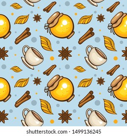 Seamless pattern with tea, honey, spices and autumn leaves on blue background. Cozy tea time. Vector illustration for fabric, textile design and wrapping.