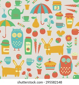 Seamless pattern with tea kettle, cups, candies, strawberries, apples, umbrellas, flowers, owls and rabbits. Vector illustration.