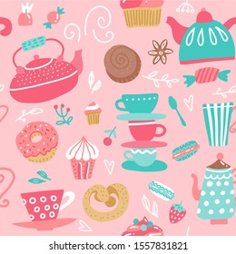 Seamless pattern with tea kettles. Cups, sweets, candies. Food and drinks. Hand drawn vector background made in cartoon flat style
