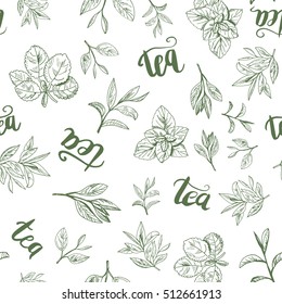 Seamless Pattern With Tea Leaf. Hand Drawing