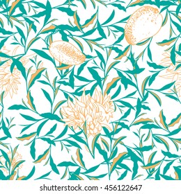 Seamless pattern. Tea Leaves, flowers and mango.