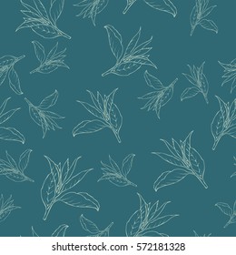 Seamless pattern with tea leaves on blue background.Hand drawn vector illustration.