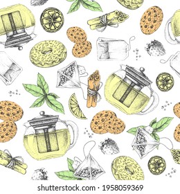 Seamless pattern with tea leaves, teapots, lemon, tea bags, cookies, sugar and star anise