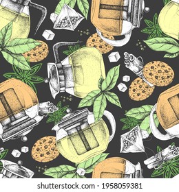 Seamless pattern with tea leaves, teapots, lemon, tea bags, cookies, sugar and star anise