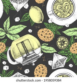 Seamless pattern with tea leaves, teapots, tea cups, tea bags, cookies, sugar and star anise