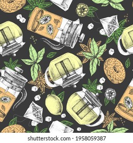 Seamless pattern with tea leaves, teapots, lemon, tea bags, cookies, sugar and star anise