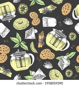 Seamless pattern with tea leaves, teapots, lemon, tea bags, cookies, sugar and star anise