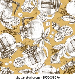Seamless pattern with tea leaves, teapots, tea bags, cookies, sugar and star anise