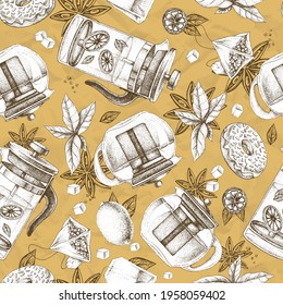 Seamless pattern with tea leaves, teapots, lemon, tea bags, cookies, sugar and star anise