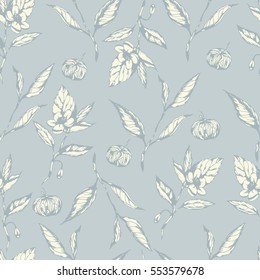 Seamless pattern with tea leaves. Vector botanical illustration in retro style for print, fabric, wrapping, web page, scrapbooking  and other  design