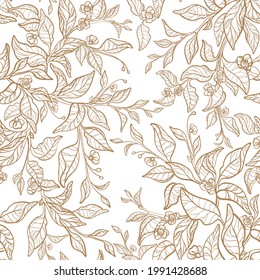 Seamless pattern. Tea linear twig, golden leaves, flower in bloom. Floral graphic garden on white background. Vintage wedding print, elegant wallpaper