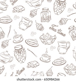 Seamless pattern with tea objects and sweets.