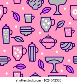Seamless pattern tea party. Background for print, paper wrapper with teapots and cups. Hand drawn illustration, menu for cafe or restaurant. Vector graphics