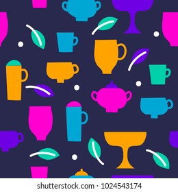 Seamless pattern tea party. Background for print, paper wrapper with teapots and cups. Hand drawn illustration, menu for cafe or restaurant. Vector graphics