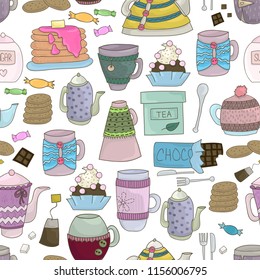 Seamless pattern of tea party elements. Vector EPS 10.