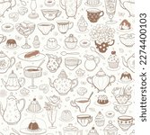 Seamless pattern with tea party in English style. Tea cups, teapots, bakery, flowers in warm colors. Can be used for wallpaper, pattern fills, textile, web page background, surface textures