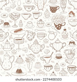 Seamless pattern with tea party in English style. Tea cups, teapots, bakery, flowers in warm colors. Can be used for wallpaper, pattern fills, textile, web page background, surface textures