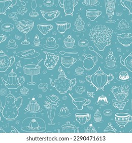 Patrón sin inconvenientes con la fiesta del té al estilo inglés. Té, tetera, panadería, flores sobre fondo de menta. Se puede usar para papel tapiz, rellenos de patrones, textil, fondo de página web, texturas superficiales