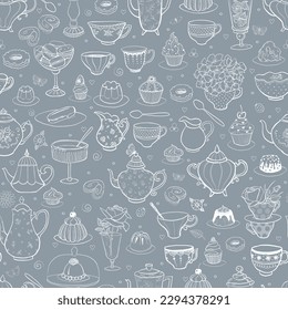 Seamless pattern with tea party in English style. Tea cups, teapots, bakery, flowers on cold grey background. Can be used for wallpaper, pattern fills, textile, web page background, surface textures