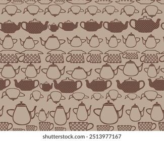 Seamless pattern with tea party in English style. Tea cups, teapots, pastel  colors. Can be used for wallpaper, pattern fills, textile, web page