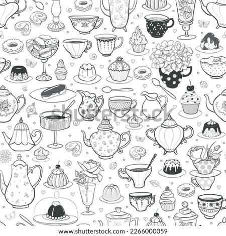 Seamless pattern with tea party in English style. Tea cups, teapots, bakery, flowers. Can be used for wallpaper, pattern fills, textile, web page background, surface textures