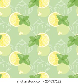 Seamless pattern for tea party.Lemon and sugar, mint leaves and tea maker