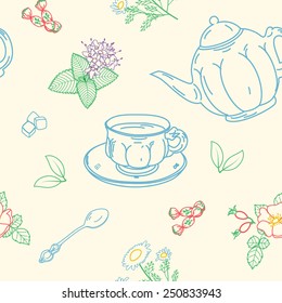 Seamless pattern for tea party.Teapot and cup, candy and sugar, herbal and berry supplements