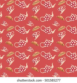 Seamless pattern with a tea pot and a cup of tea with polka dot, with Croissant and Danish bun on red background. 