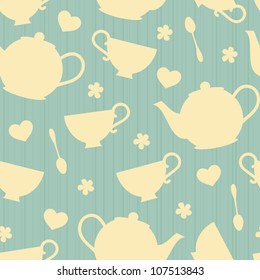 Seamless pattern with tea pots and tea cups.