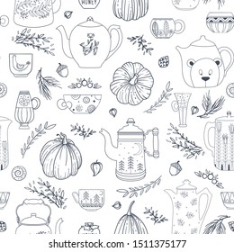 Seamless pattern with tea pots, cups, pumpkins and herb. Hand drawn, black and whit fabric print. 