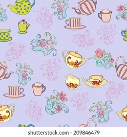 Seamless pattern with tea pots and tea cups. Decorative background.