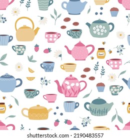 Seamless pattern with tea pots, cups, mugs, honey, strawberry, cookies on white background. Abstract hand drawn dishes. Tea party. Flat design. Vector illustration.