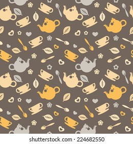 Seamless pattern with tea pots and tea cups. Cute kitchen pattern. vector illustration.