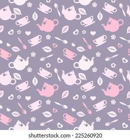 Seamless pattern with tea pots and tea cups. Cute kitchen pattern. vector illustration.