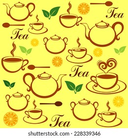 Seamless pattern with tea pots and tea cups. Vector Illustration