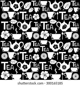 Seamless pattern with tea pots and tea cups. Vector Illustration