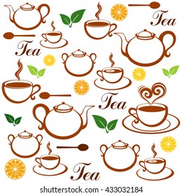 Seamless pattern with tea pots and tea cups.  Illustration