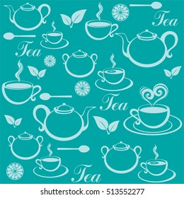 Seamless pattern with tea pots and tea cups. Vector Illustration 