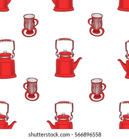 Seamless pattern with tea pots and tea cups.