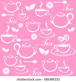 Seamless pattern with tea pots and tea cups. Vector Illustration