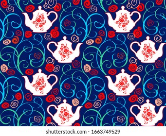 Seamless pattern with tea pots and roses in 6 colors. Vector illustration.
