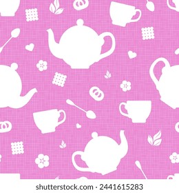 Seamless pattern with tea pots, teaspoons, tea cups and cookies. Vector